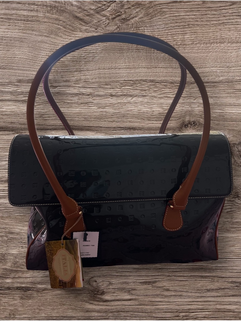 Arcadia dark grey Patent leather Shoulder Bag with Brown Handles